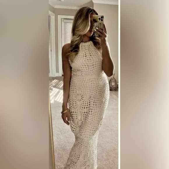 House of Harlow 1960 Ivory Crochet Knit Halter Cutout Back Maxi Dress NWOT - Picture 1 of 12